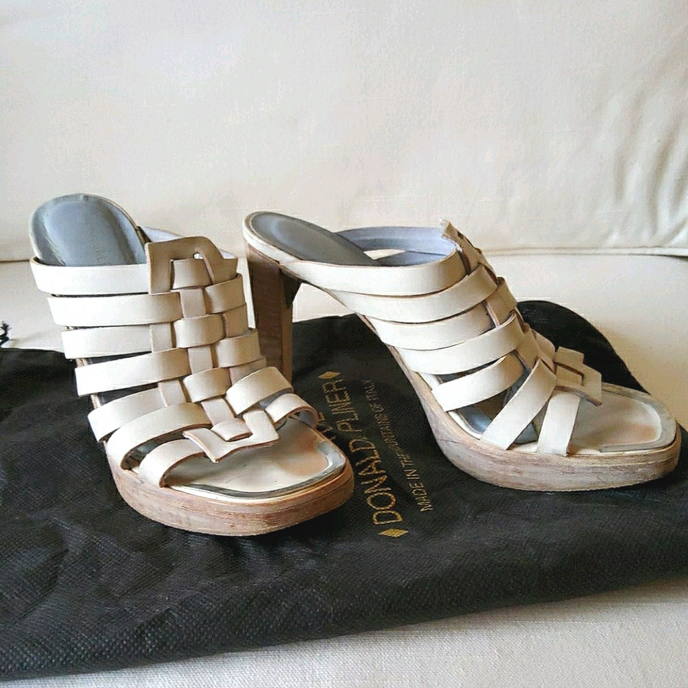 Donald J. Pliner Cathy White Woven Leather Sandals Stacked Heel 6.5 Gently Worn